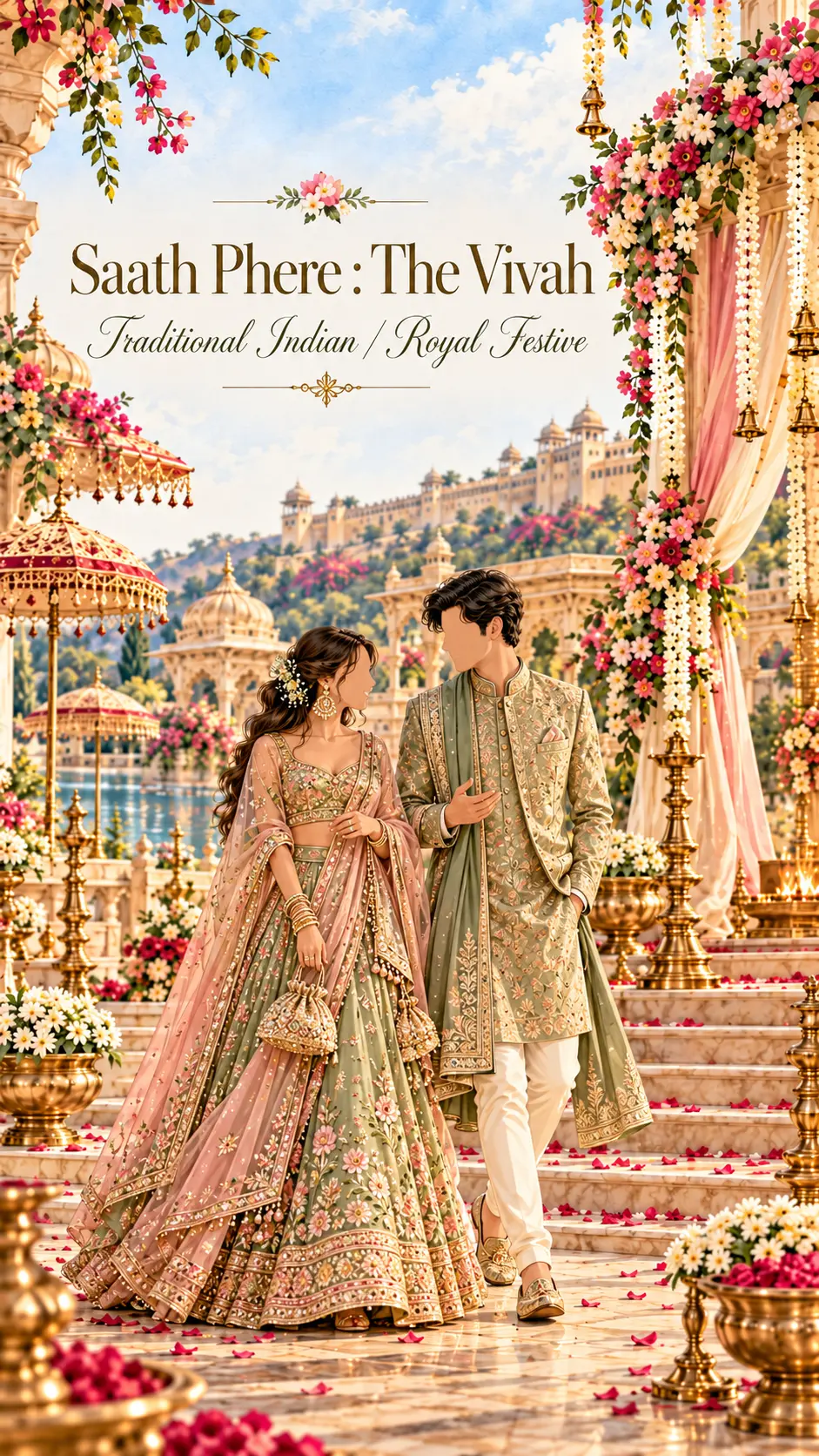 Illustrated Saath Phere wedding attire: traditional Indian and royal festive