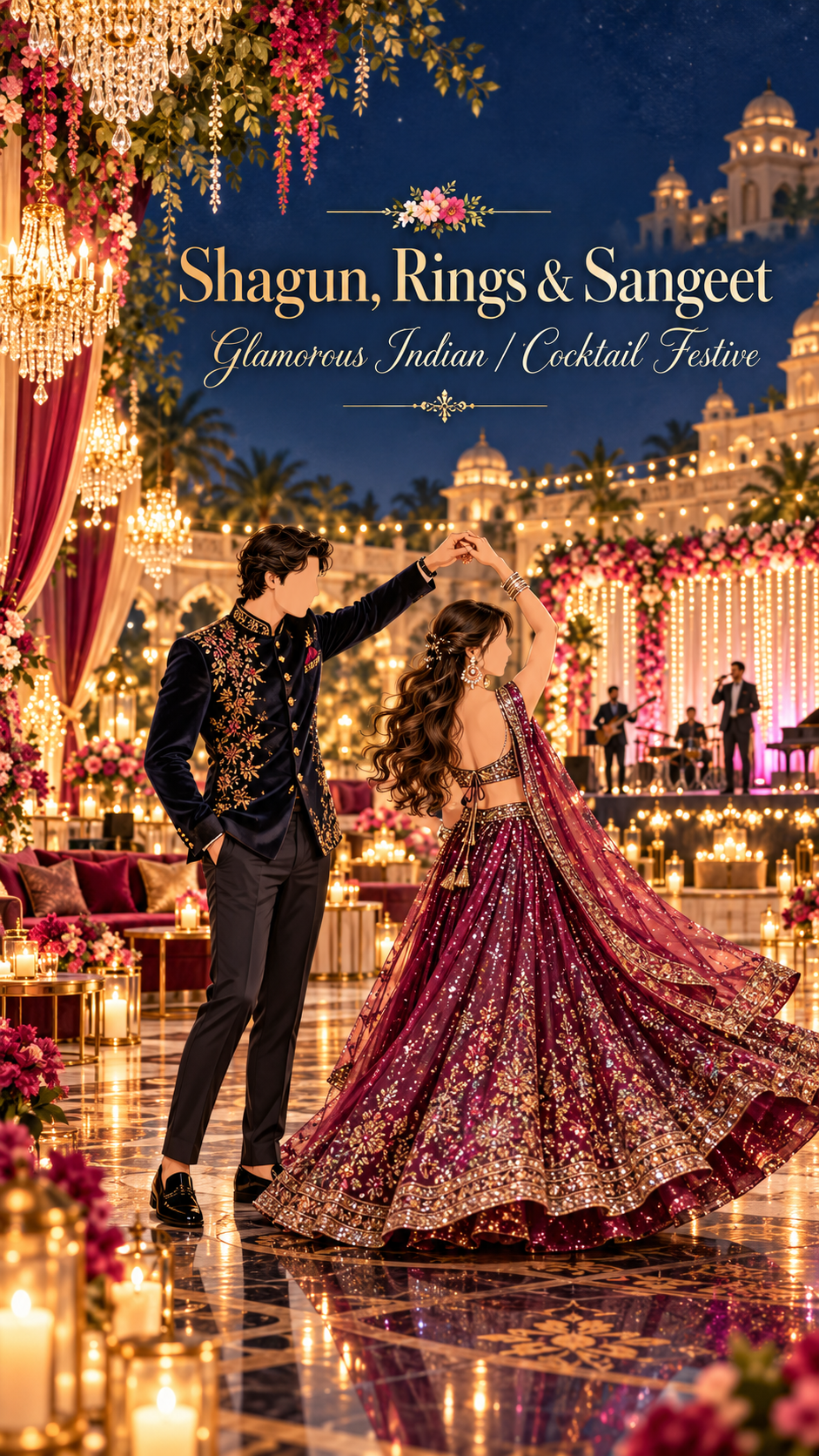 Illustrated Shagun, Rings and Sangeet attire: glamorous Indian and cocktail festive