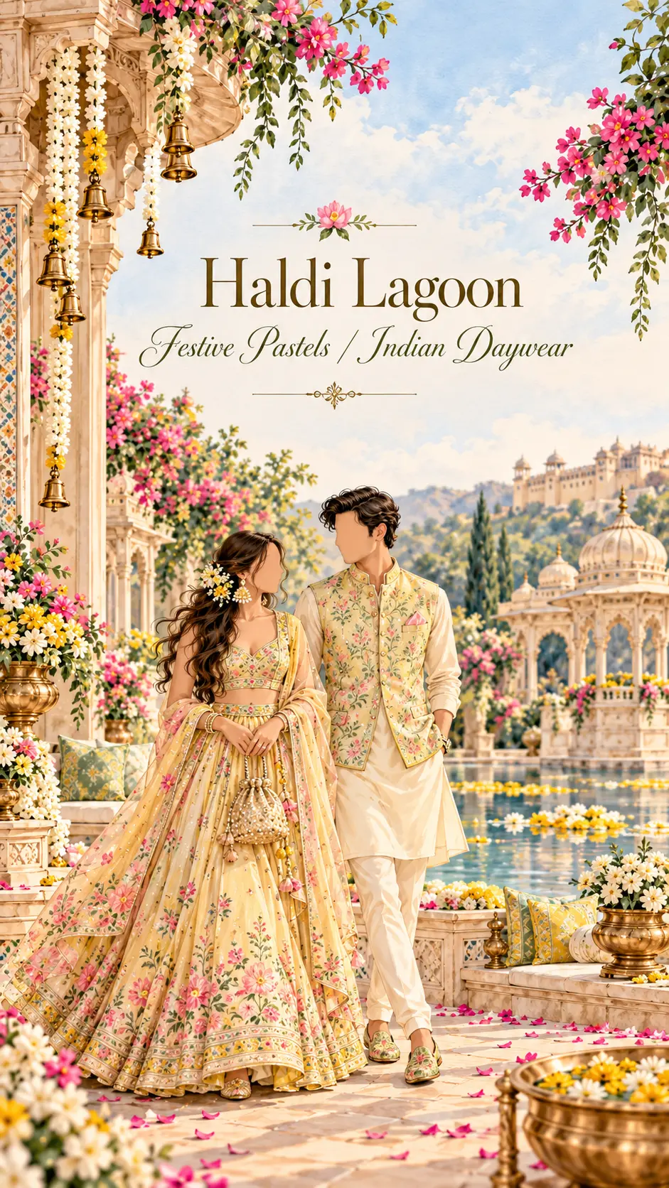 Illustrated Haldi Lagoon attire: festive pastels and Indian daywear